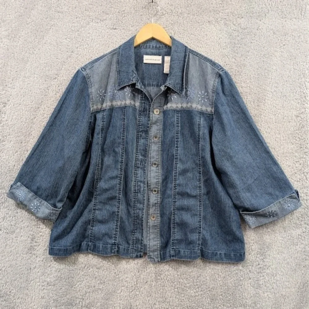 Alfred Dunner Denim Shacket Women's‎ 18 Blue Embroidered 3/4 Sleeve Button Up